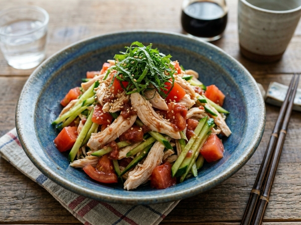 鶏むね肉ときゅうりとトマトの梅だれ和え